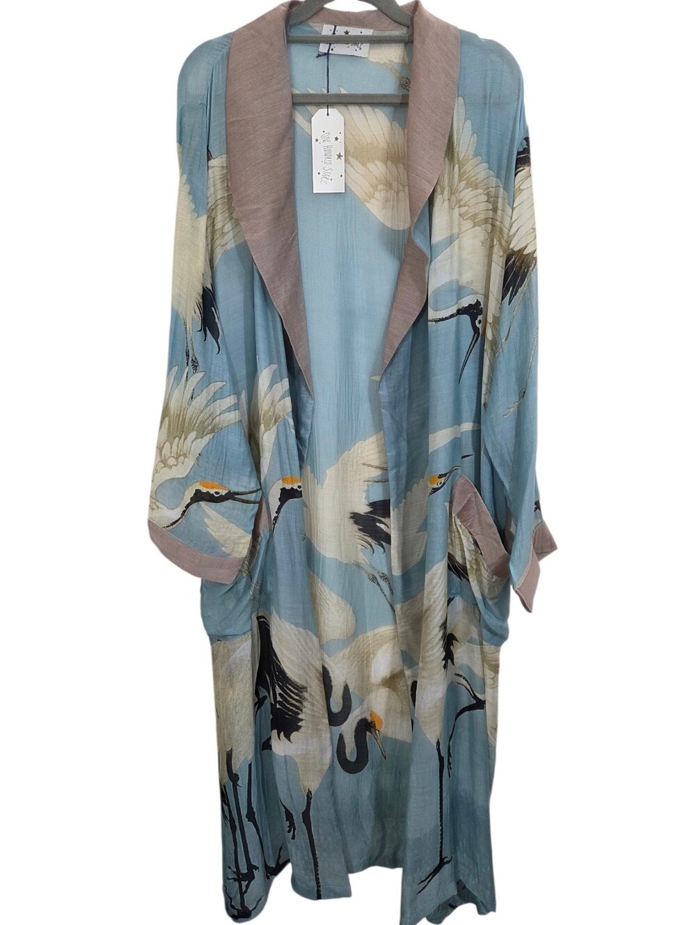NWT One Hundred Stars Crane Bird Print Gown Kimono Topper One Size No Belt